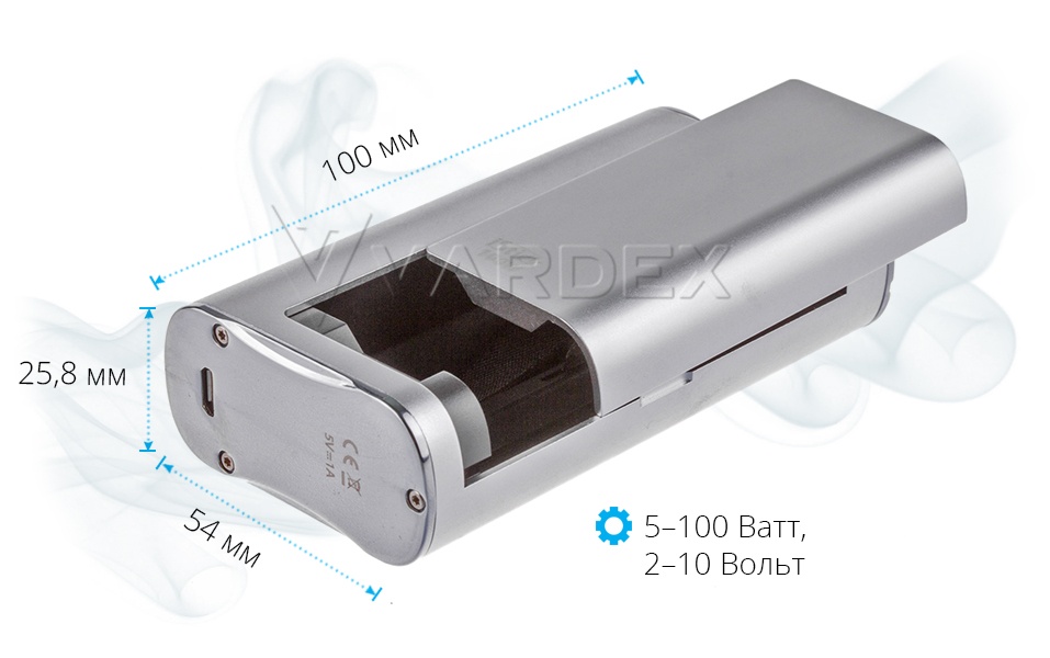 Высота батарейного блока iSmoka iStick 100W составляет 100 мм, ширина — 54, а глубина — 25,8 миллиметров